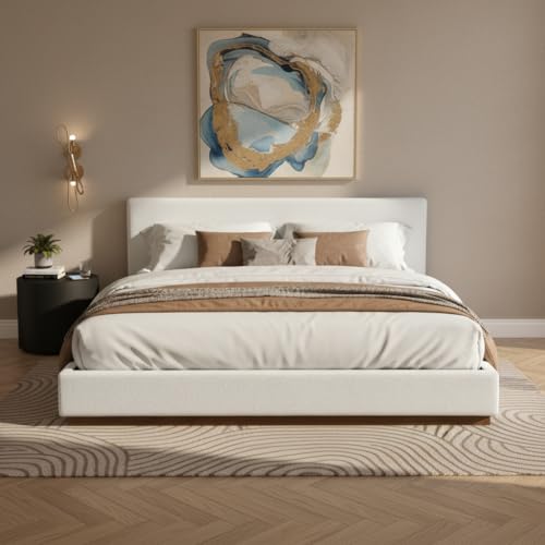 Image of Merax King Size Boucle Upholstered Bed Frame with Thick Headboard, Minimalism White Upholstery Platform Bed for Bedroom, Apartment, Solid Wooden Slats Support, No Box Spring Needed, Low Profile Design