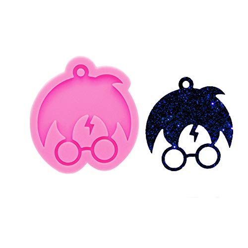 Porta-chaves brilhante com forma de cabeça de menino mágico de Harry Anime com orifício para etiqueta de bagagem, pendente de vidro, brincos de molde de fondant, pasta de borracha, pudim, caramelo,