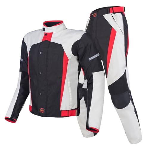 RCLONGEU Combinaison en Cuir de Moto pour Hommes Coude éPaule Dos Genou Protection Ventilation 4 Poches Panneaux RéFléChissants (Blanc,XXXL)