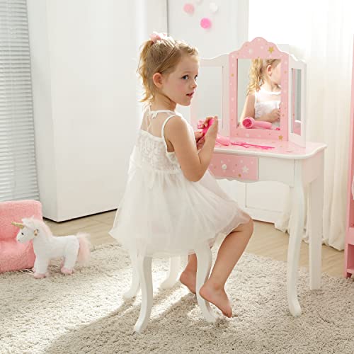 Teamson Kids Pretend Play Kids Vanity, Table & Chair Vanity Set With Mirror, Girls Makeup Dressing Table With Storage Drawer & Twinkle Stars Print, Gisele Collection, Pink/White #TOP5
