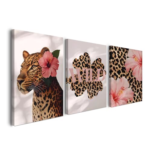 Alptiny Set of 3 Wild Animal and Leopard Print Canvas Wall Art - Tropical Hibiscus Flower Art for Living Room, Bedroom, and Hallway, Modern Wild Wall Decor