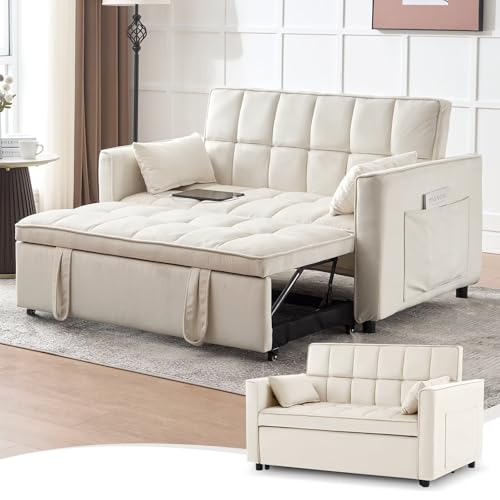 POYISOU 3-in-1 Convertible Velvet Sofa Bed with USB, Beige