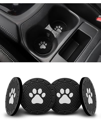 4 Pack Car Cup Coasters, Universal Dog Paw Print Non-Slip Silicone Cup Holder Inserts, Car Interior Accessories, Black