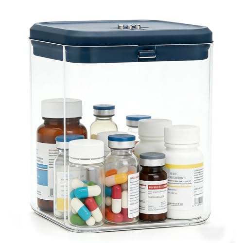 GBKDQQ Scatola richiudibile per medicinali, 14,1 x 14,1 x 16 cm, piccola scatola trasparente con serratura a combinazione per medicinali, cucina, casa, scuola, ufficio