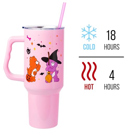 Image of Silver Buffalo Care Bears Featuring Harmony Bear, Cheer, Share Bear, and Trick-or-Sweet Halloween Double Walled Stainless Steel Tumbler with Handle and Straw, Fits in Standard Cup Holder, 40 Ounces