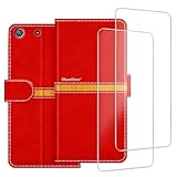 ESACMOT Phone Case Compatible with Sony Xperia M5 + [2 Pack] Screen Protector Glass Film, Premium Leather Magnetic Protective Case Cover for Sony Xperia M5 Dual (5 inches) Red