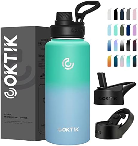 COKTIK 40 oz Sports Water Bottle With Straw,3 Lids, Stainless Steel Vacuum Insulated Water Bottles,Leakproof Lightweight, Keeps Cold and Hot, Great for Travel, Hiking, Biking, Running(Sky Blue)
