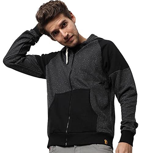Image of CAHOOT Men's Dark Blue Zip-Front Hoodie with Contrast Drawstring for Casual Wear | Long Sleeve | Hooded Neck | Zipper Closure | Cotton Sweatshirt Crafted with Comfort Fit for Everyday Wear