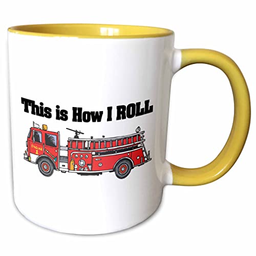 3dRose How I Roll Fire Truck Firemen Design 15oz Two-Tone Yellow Mug