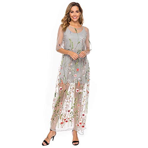 Image of BaronHong Women's Floral Embroidered Tulle Prom Half-Sleeve V Neck Midi Dress with Waist Strap