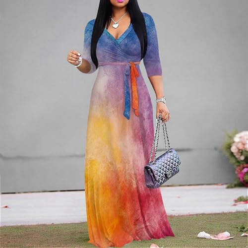 Image of PinkPatty Women's Print Maxi Dresses 3 /4 Sleeve Flowy Long Dress V Neck Wrap Tie Waist Sundress