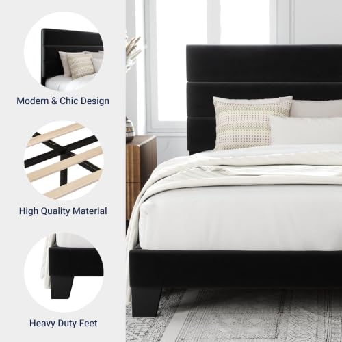 Image of Allewie Cal King Size Platform Bed Frame with Velvet Upholstered Headboard