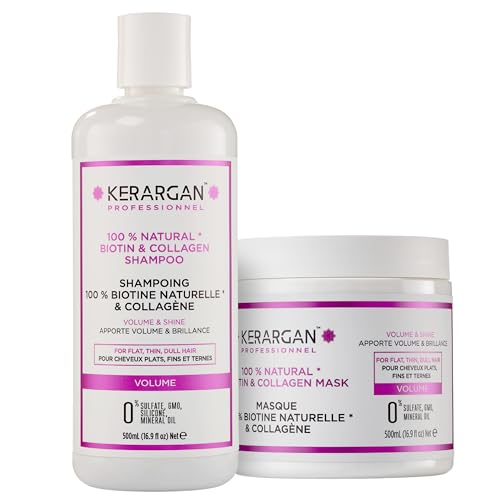 Kerargan - Dúo Voluminizador Champú & Mascarilla Capilar con Biotina & Colágeno para Cabello Lacio, Fino y Apagado - Aumenta Brillo & Densidad - Sin Sulfatos, GMO, Silicona, Aceite Mineral - 2x500ml