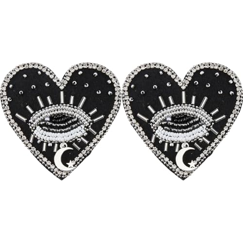 SUPERFINDINGS 2 Pièces Patch Cœur Œil Maléfique 71x69mm Vintage Applique Cœur Larmoyant à Paillettes Applique Cœur à Sequins à Coudre avec Rhinestones et Perles pour Vêtements Jeans Vestes Sacs