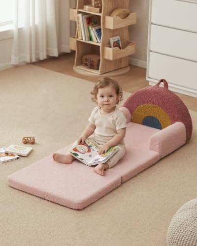 Image of Blissful Diary Foldable Kids Couch, 2-in-1 Comfy Kids Chair for Reading, Playroom, Kids Couch Sofa for Girls Boys Birthday Gift, Blush Rainbow