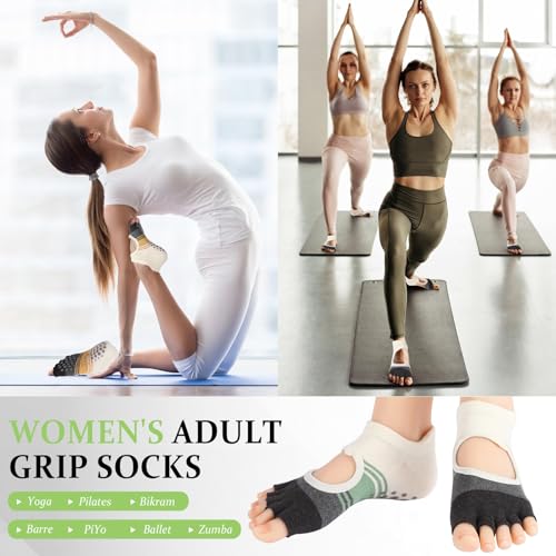 Toeless Pilates Socks with Grips for Women, Yoga Socks Barre Socks Non Slip, Cotton, Gifts For Dancer, Alpha, One Size, 3pair4