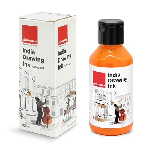 Image of Isomars India Waterproof Drawing Ink - Orange- 100ML Bottled Ink, for Paper Board, Canvas,Fabric and Wood Ideal for Designers, Airbrush Artists, Illustrators, Fine Artists and Craft and Hobbyists.