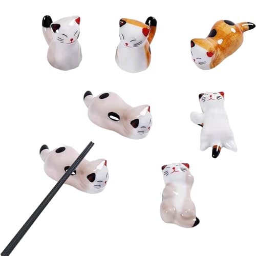 Vastsea 6 Morceaux Repose-Baguettes en Forme de Chat, Chinois Baguette Repose Tapis, Porte Baguette en Céramique, Mignon Chat Forme, Convient pour Cuillères, Fourchettes, Baguettes(Jaune et Gris)