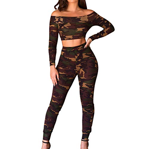 Forwelly Camouflage Two Piece Outfits Set for Women Ladies Off Shoulder Long Sleeve Crop Tops Pant Suit Casual Tracksuit