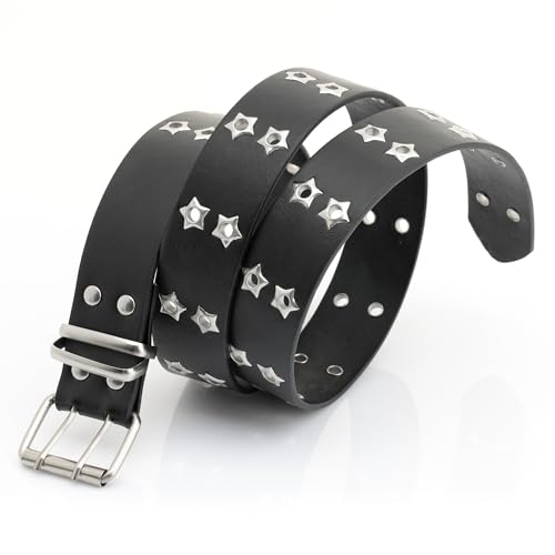 CRAFTMEMORE Star Studded PU Leather Belt, 43.3 inch Length, Double Prong Buckle SPB62