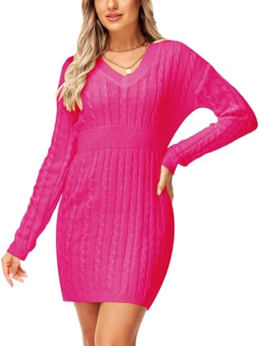 Image of Deerose Women V Neck Sweater Dress Cable Knit Long Sleeve Pullover Sweaters