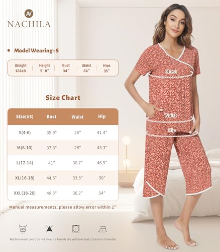 Image of NACHILA Bamboo Viscose Pajamas for Women Lace V Neck Capri Pants Pjs Set