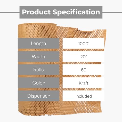 PSBM 60 Roll Honey Comb Packing Paper with Dispenser, 20 Inch x 1000 Feet Packaging Paper For Shipping Materials, Recyclable Honeycomb Paper
