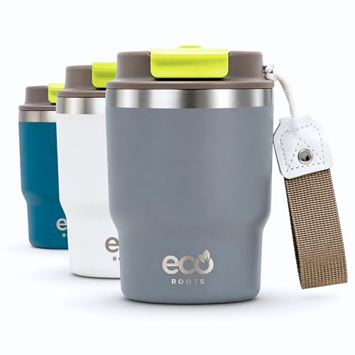 ECOROOTS Evergreen   Vaso Térmico 360 ml | Termo Cafe para Llevar I Acero Inoxidable | Antifugas I Sin BPA I Cuerda Removible | Ligero y Compacto | Ideal para Bebidas Frías o Calientes (GRIS PERLA)