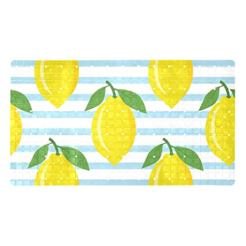 VAPOKF Tapis de bain antidérapant pour baignoire, douche, citrons sur fond rayé bleu, tapis de bain doux, sans BPA et sans latex, 37,3 x 68,3 cm, pour bébés et adultes, lavable en machine Cover