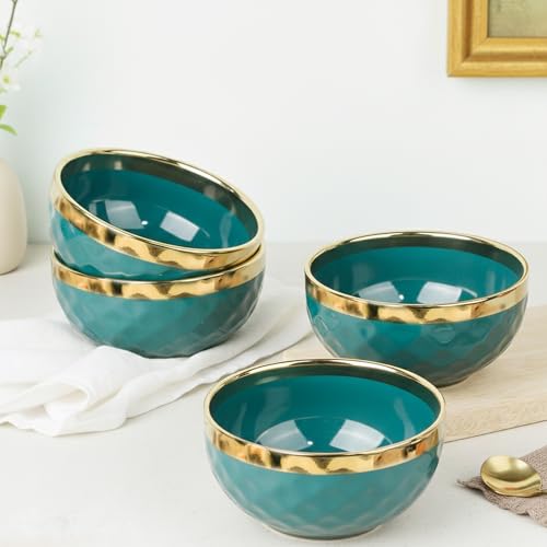 Image of The Earth Store Teal Diamond Gold Ceramic Bowl Set of 4 - 500ML Each | Ceramic Mixing Bowls for Snacks, More | Rice, Dal, Fruits, Salad | Perfect for Gifting & Daily Use