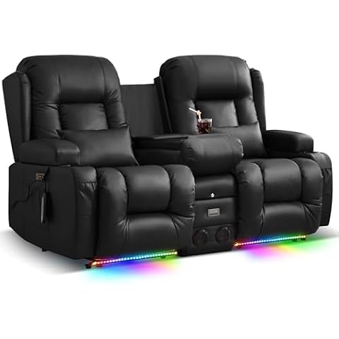 TUNYI Power Loveseat Recliner Sofa, Faux Leather Reclining Sofa with Console RV Reclining Loveseat Couch with USB/Outlet/Storage/Side Pocket/LED Light/Speaker (Black, Loveseat) Cover