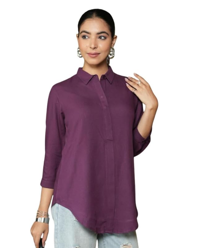 Image of Mlada Hemline Solid Shirts for Women | 3 /4 Sleeves Classic Rayon Shirt for Office Wear | Collared Neck Shirt for Girls | Regular Fit Shirts | Smart Formal Button Down Shirt for Women