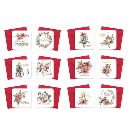 Lina OFFICINE GRAFICHE Creative Confezione da 12 Mini Bigliettini di Auguri Natalizi con Buste Rosse, 8 x 8 cm