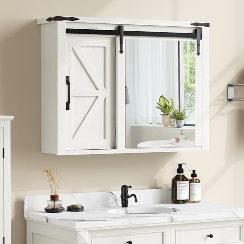 DWVO-Bathroom-Medicine-Cabinet-with-Mirror-Wall-Cabinet-wRustic-Sliding-Barn-Door-Farmhouse-Mirrored-Medicine-Cabinet-Bathroom-Storage-Cabinet-Organizer-with-Adjustable-Shelf-32-White-Oak DWVO Bathroom Medicine Cabinet with Mirror Wall Cabinet wRustic Sliding Barn Door Farmhouse Mirrored Medicine Cabinet Bathroom Storage Cabinet Organizer with Adjustable Shelf 32 White Oak