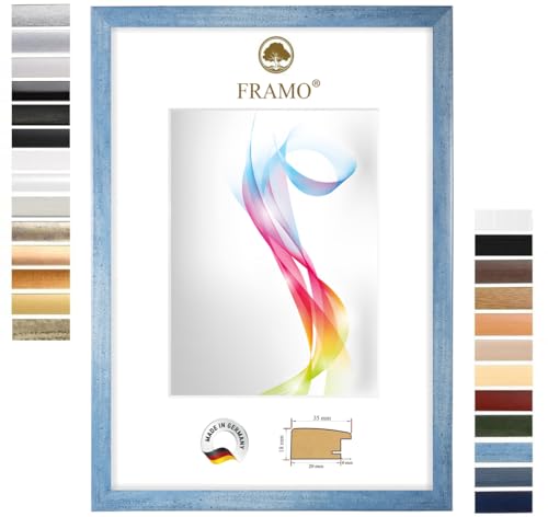 FRAMO Cornice portafoto in legno 36 x 49 cm (dimensione dell'immagine) in blu chiaro spazzolato | Dimensioni selezionabili | Cornice per poster | Puzzle | Foto collage | Su misura | Foto quadro su