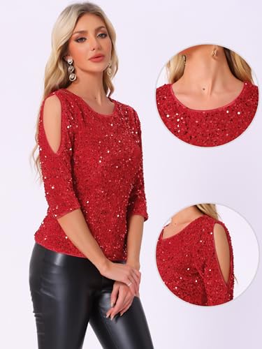 Allegra K Sparkle Sequin Velvet Tops for Women's Cut Out Half Sleeve Party Club Holiday Blouse2