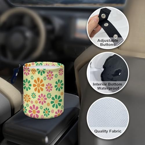 Image of Colorful Hippie Flower Car Trash Bin Garbage Can Foldable Rubbish Bin Basket Bag Portable Cup Holder Organizer with Strap Universal Storage Bag Box for Fit Most Cars, SUVs, Trucks