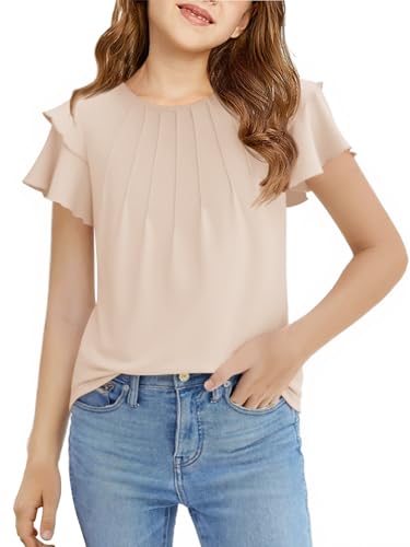 Image of Haloumoning Girls Pleated Ruffle Short Sleeve Shirts Kids Summer Crewneck T-Shirts Fashion Tops Tees 5-14 Years