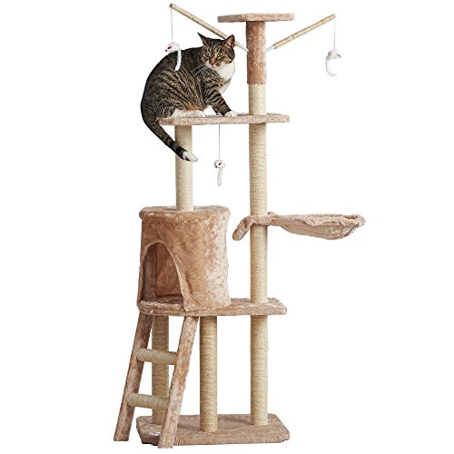 Milo & Misty Cat Tree  3 Platform Cat Tower with Sisal Scratching Posts, Bed, Dangling Mouse Toys and Cat House  Beige