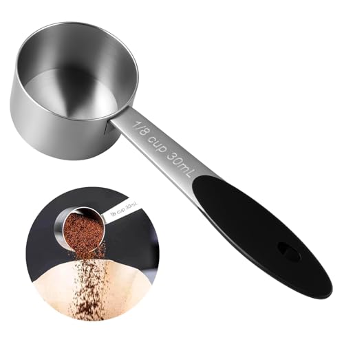 Cuchara medidora de acero inoxidable, 1/8 taza, 1 cuchara de café con mango de silicona negra