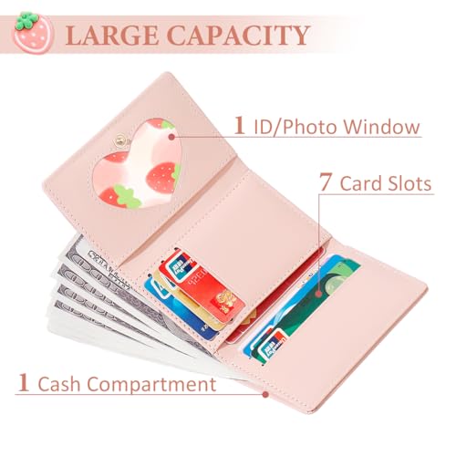 Strawberry Small Wallet Girls Cute Wallet with ID Window & 7 Credit Card Holder for Women (PINK)2