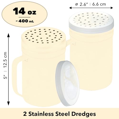 Image of CUSINIUM 14oz Beige Stainless Steel Salt Pepper Dredge Shakers - With Plastic Cap - With Handle - Pack of 2