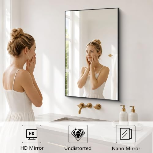 Image of DESBING 18 inch x 30 inch Bathroom Mirror, Black Metal Frame Wall Mirror