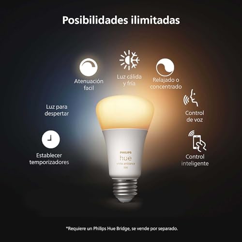 Lâmpada inteligente Philips Hue White Ambiance A19 60W equivalente a LED regulável, 1 lâmpada inteli