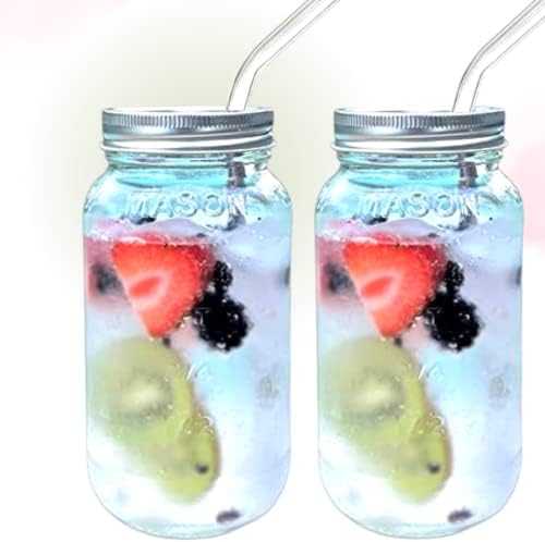 JARMING COLLECTIONS Reusable Freezer Safe Smoothie Cups with Lids and Straws - Mason Jar with Lid and Straw - 24 oz Mason Jars (2, 24oz) - Made in USA