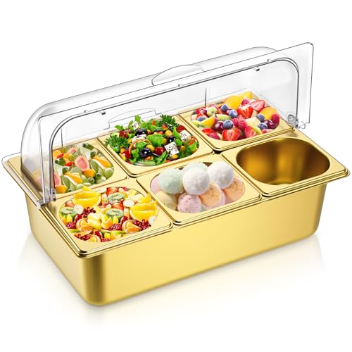 Image of Ziliny 6 Pan Cold Food Buffet Server with Lid Salad Bar Station, Gold