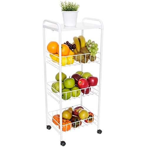 Metaltru - Fruteira de Chão 3 Cestos com Tampo de Madeira e Rodas - Cor Branco