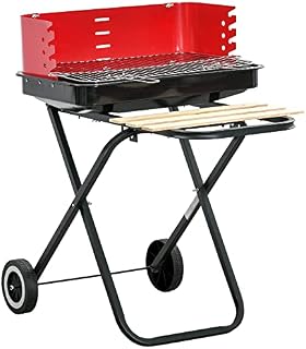 Outsunny Charcoal Trolley BBQ Barbecue Grill Patio Camping Picnic Garden Party Outdoor Cooking with Windshield, Wheels Side Trays, Black/Red