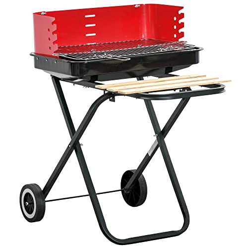 Outsunny Charcoal Trolley BBQ Barbecue Grill Patio Camping Picnic Garden Party Outdoor Cooking with Windshield, Wheels Side Trays, Black/Red