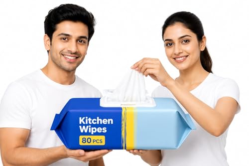 Image of Kitchen Wipes for Cleaning Oil and Grease Thick Non Woven Cleaning Wet Wipes for Platform Countertop Slab and Utensils with Resealable Lid Large Size 20x20 cm Pack of 80 Wipes